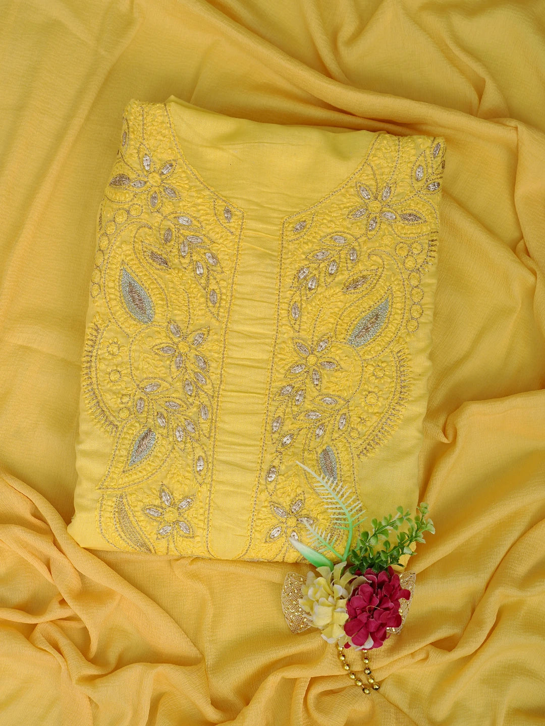 Ada Hand Embroidered Yellow Cotton Lucknowi Chikankari Unstitched Kurta Dupatta Set With Zari Work A297870