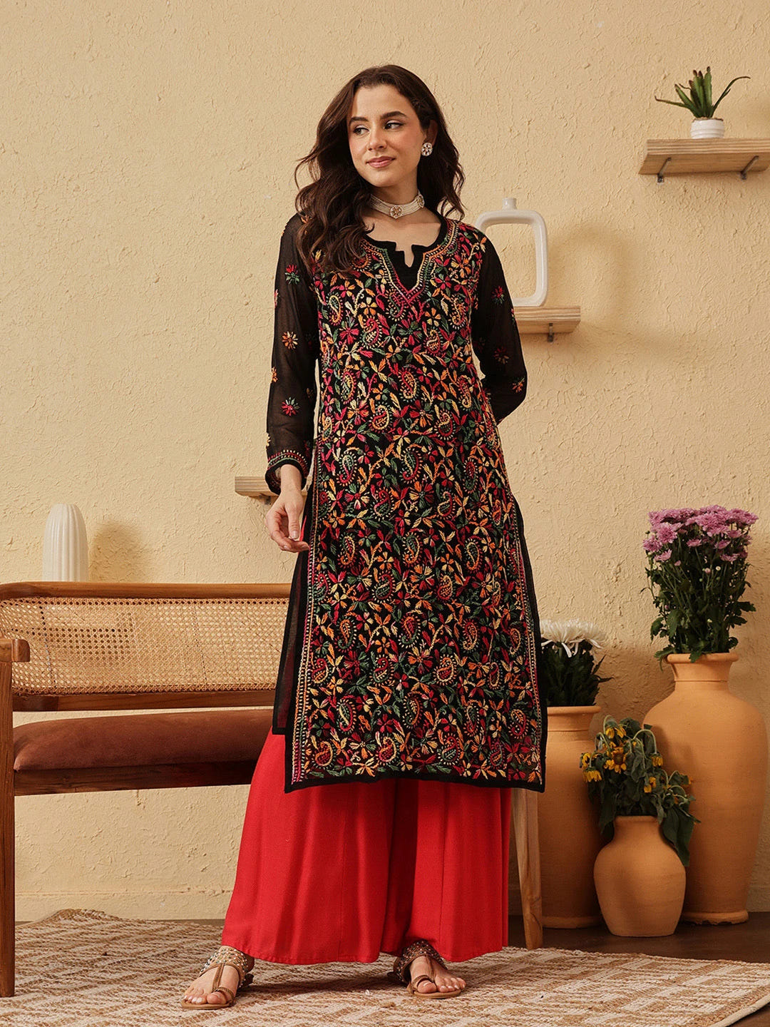 Ada Hand Embroidered Black Georgette Lucknowi Chikankari Straight Kurta With Slip A90314