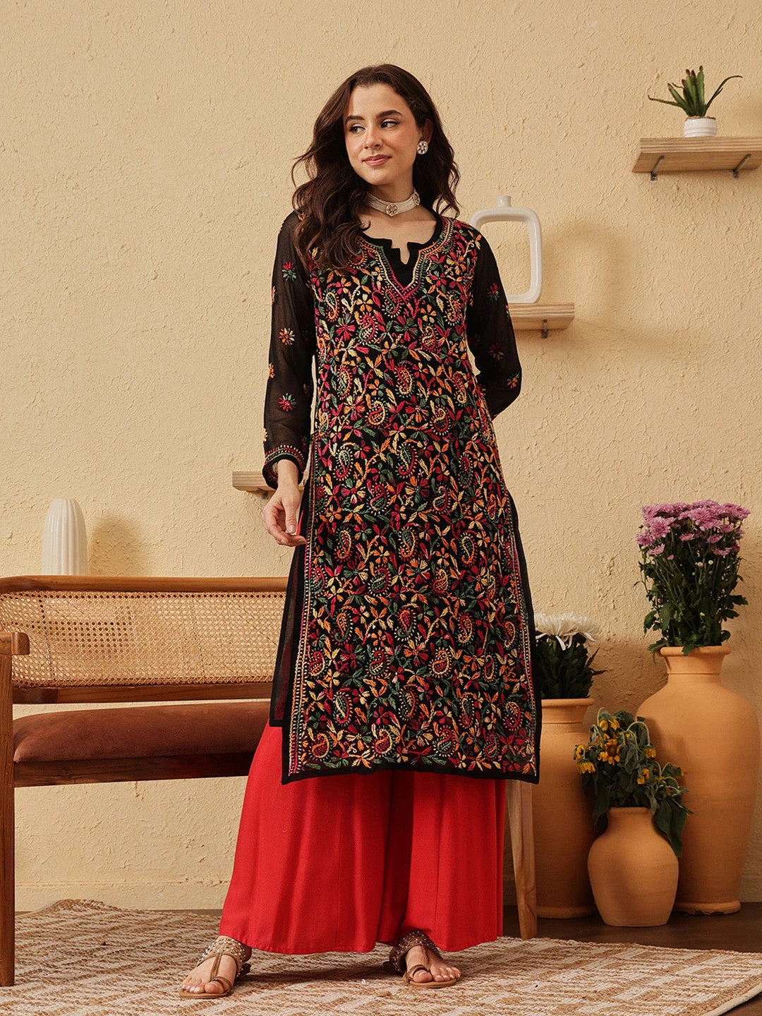Ada Hand Embroidered Black Georgette Lucknowi Chikankari Straight Kurta With Slip A90314