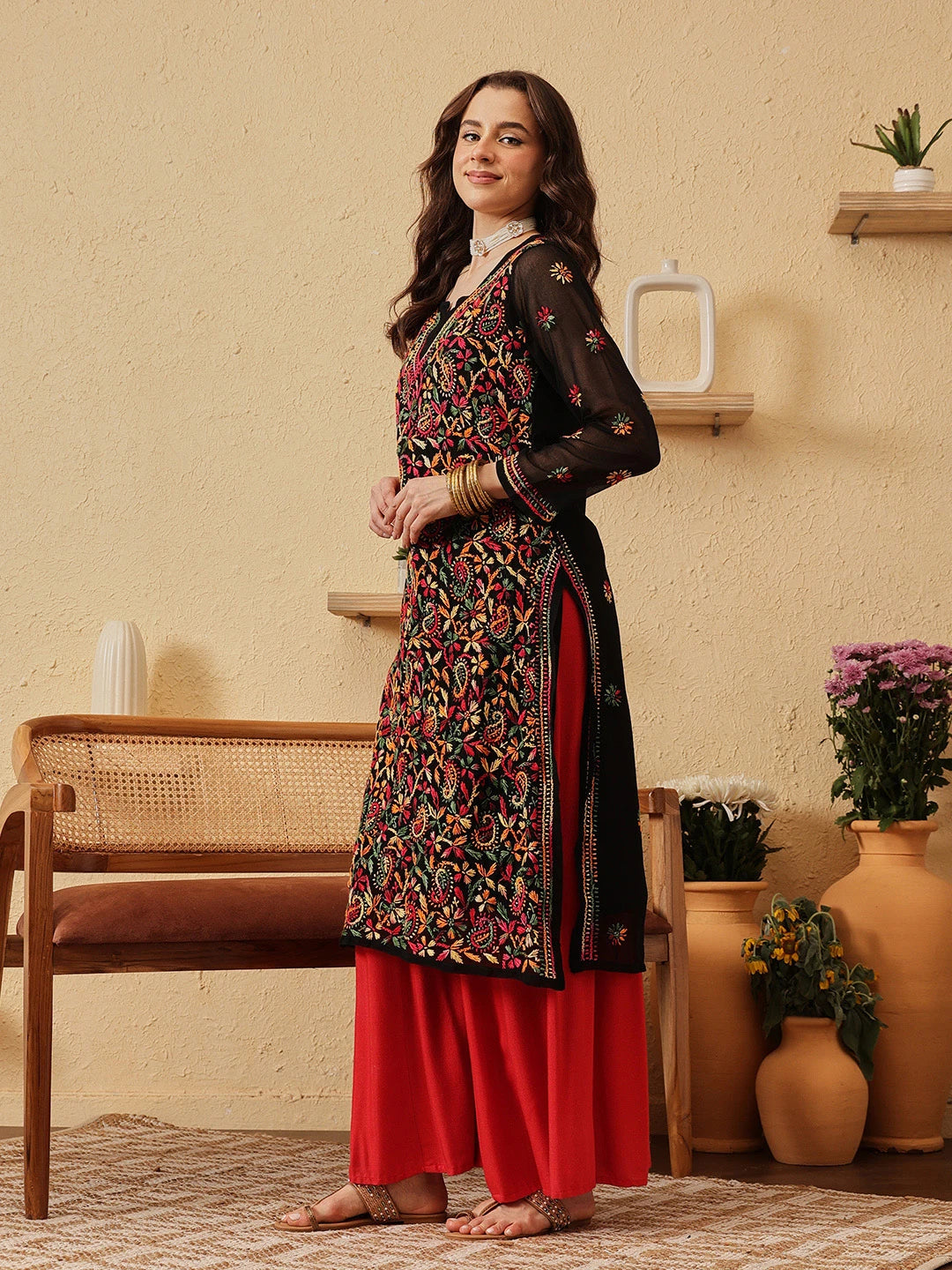 Ada Hand Embroidered Black Georgette Lucknowi Chikankari Straight Kurta With Slip A90314