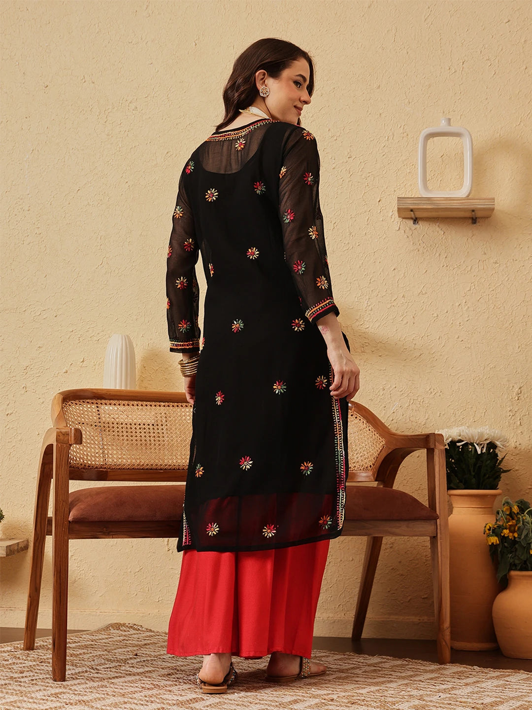 Ada Hand Embroidered Black Georgette Lucknowi Chikankari Straight Kurta With Slip A90314