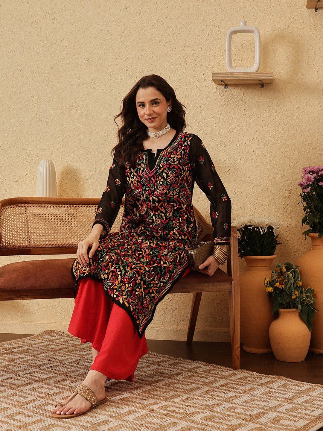 Ada Hand Embroidered Black Georgette Lucknowi Chikankari Straight Kurta With Slip A90314