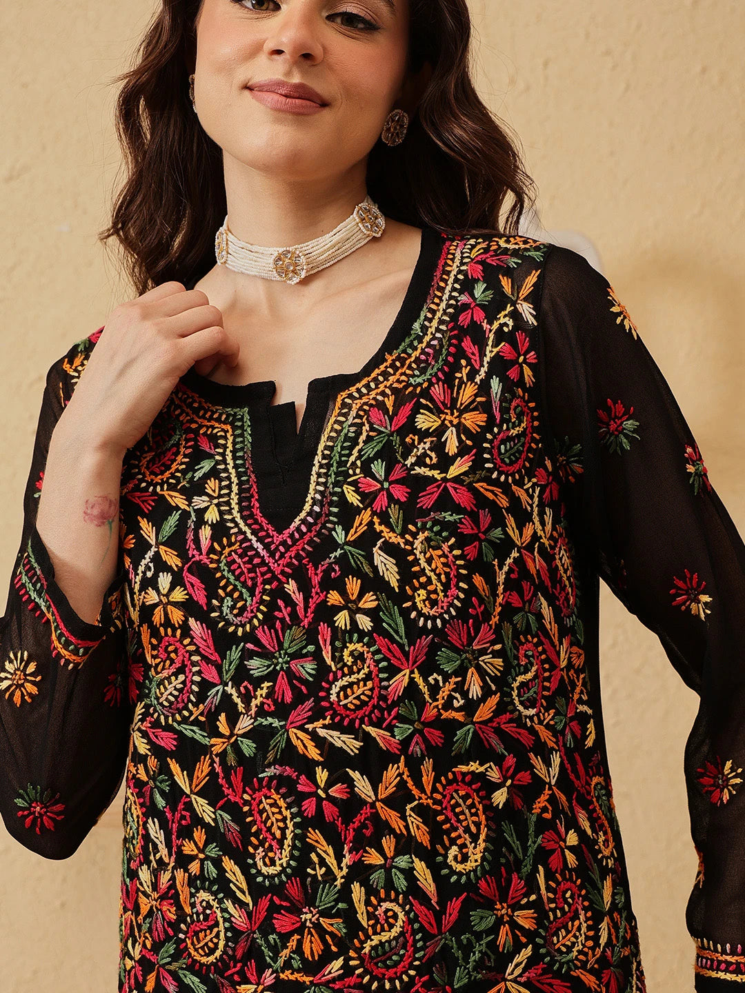 Ada Hand Embroidered Black Georgette Lucknowi Chikankari Straight Kurta With Slip A90314