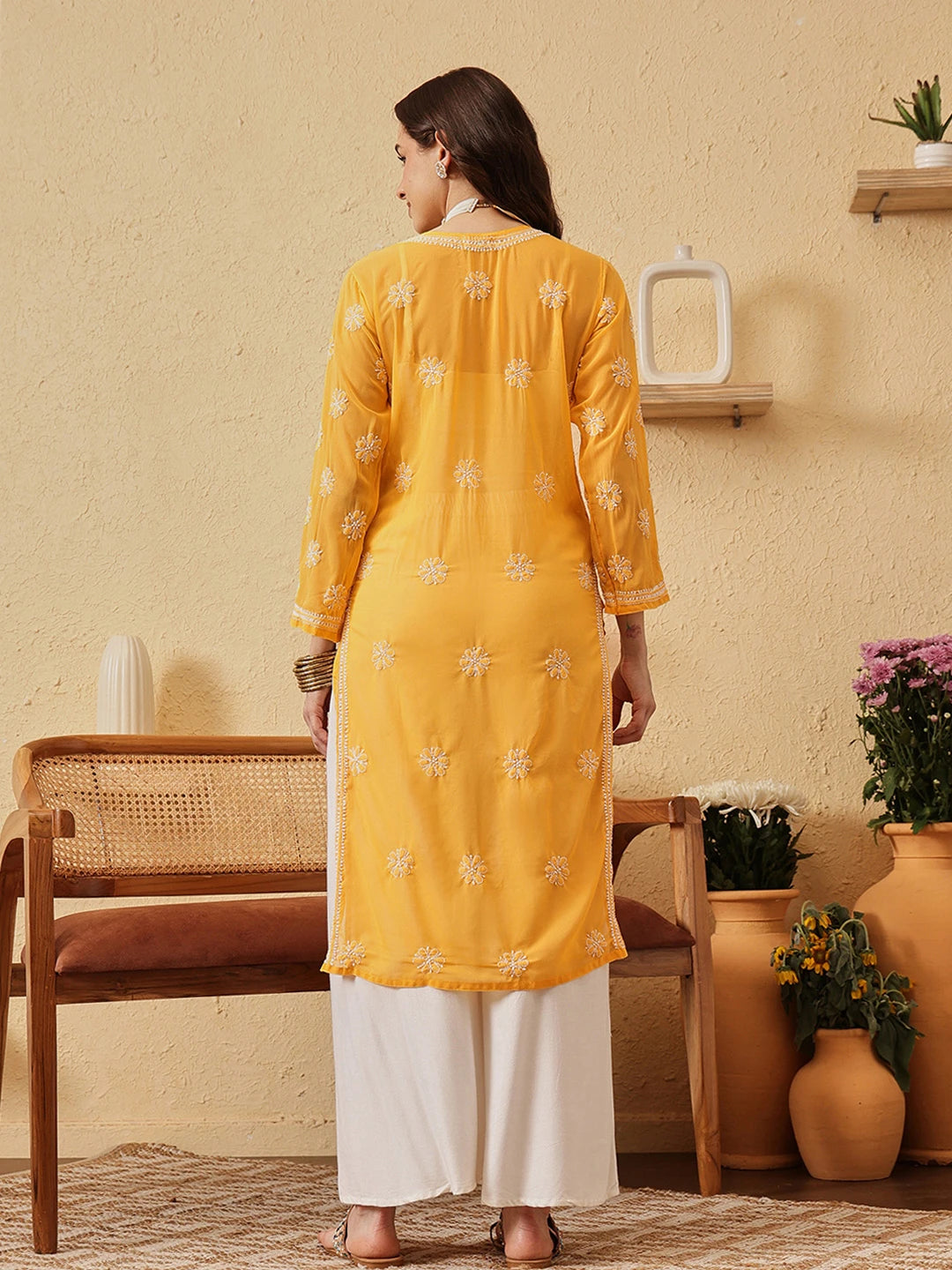 Ada Hand Embroidered Yellow Georgette Lucknowi Chikankari Straight Kurta A100288
