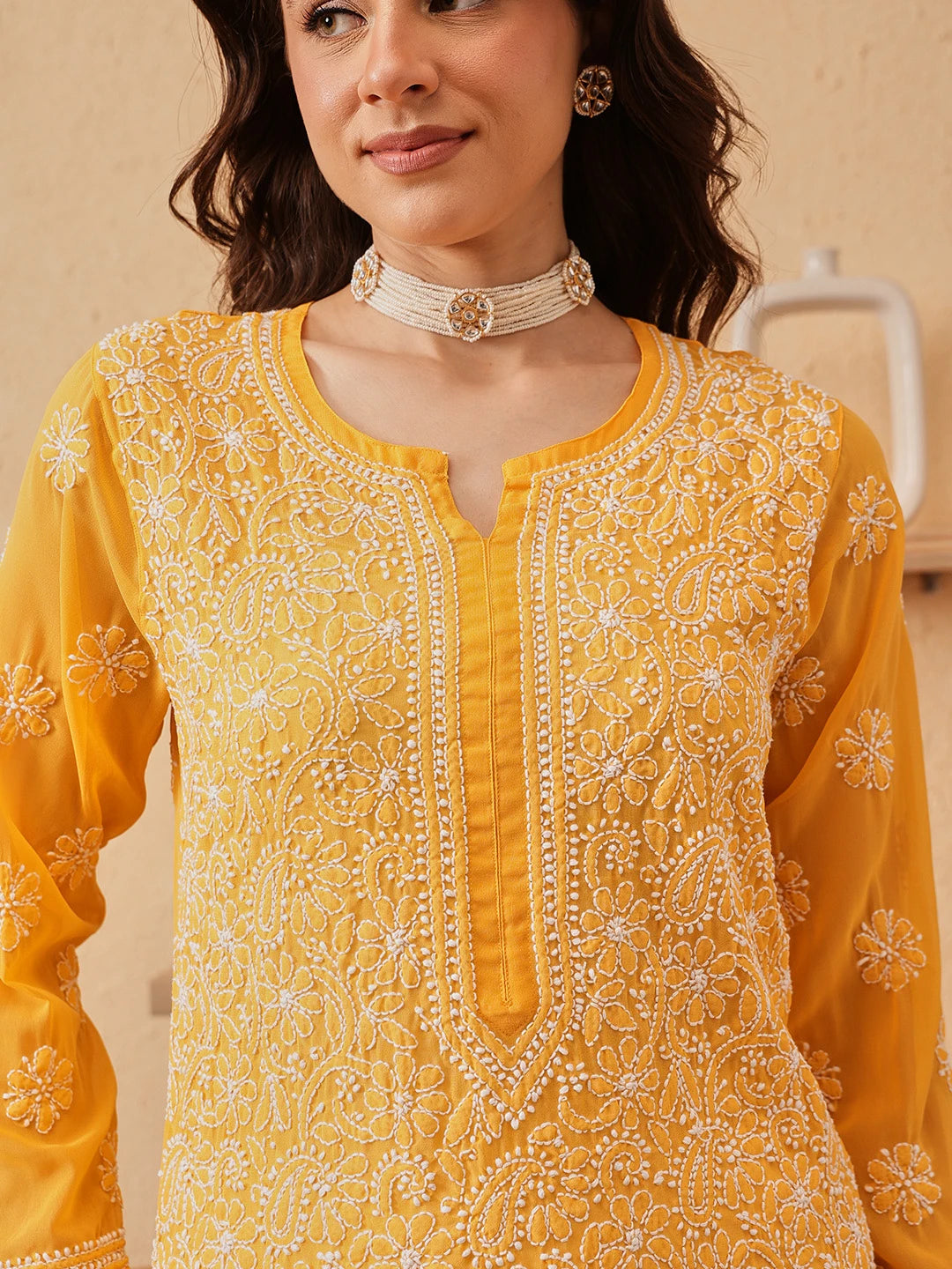 Ada Hand Embroidered Yellow Georgette Lucknowi Chikankari Straight Kurta A100288