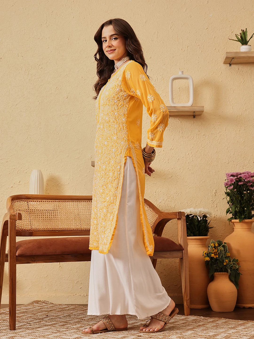 Ada Hand Embroidered Yellow Georgette Lucknowi Chikankari Straight Kurta A100288