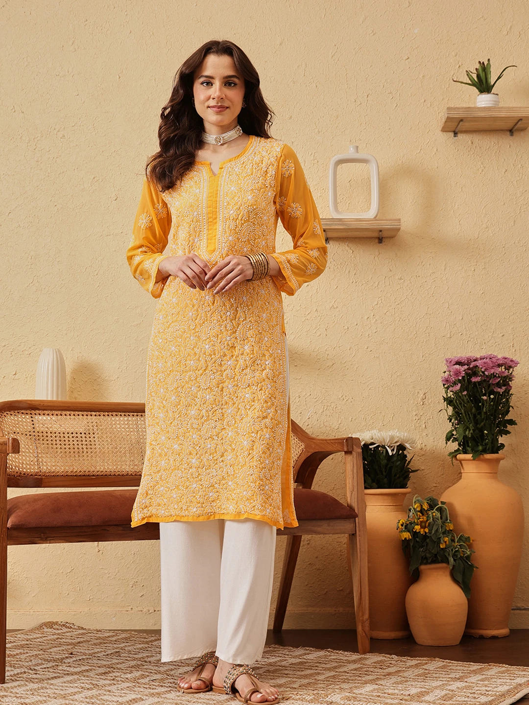 Ada Hand Embroidered Yellow Georgette Lucknowi Chikankari Straight Kurta A100288
