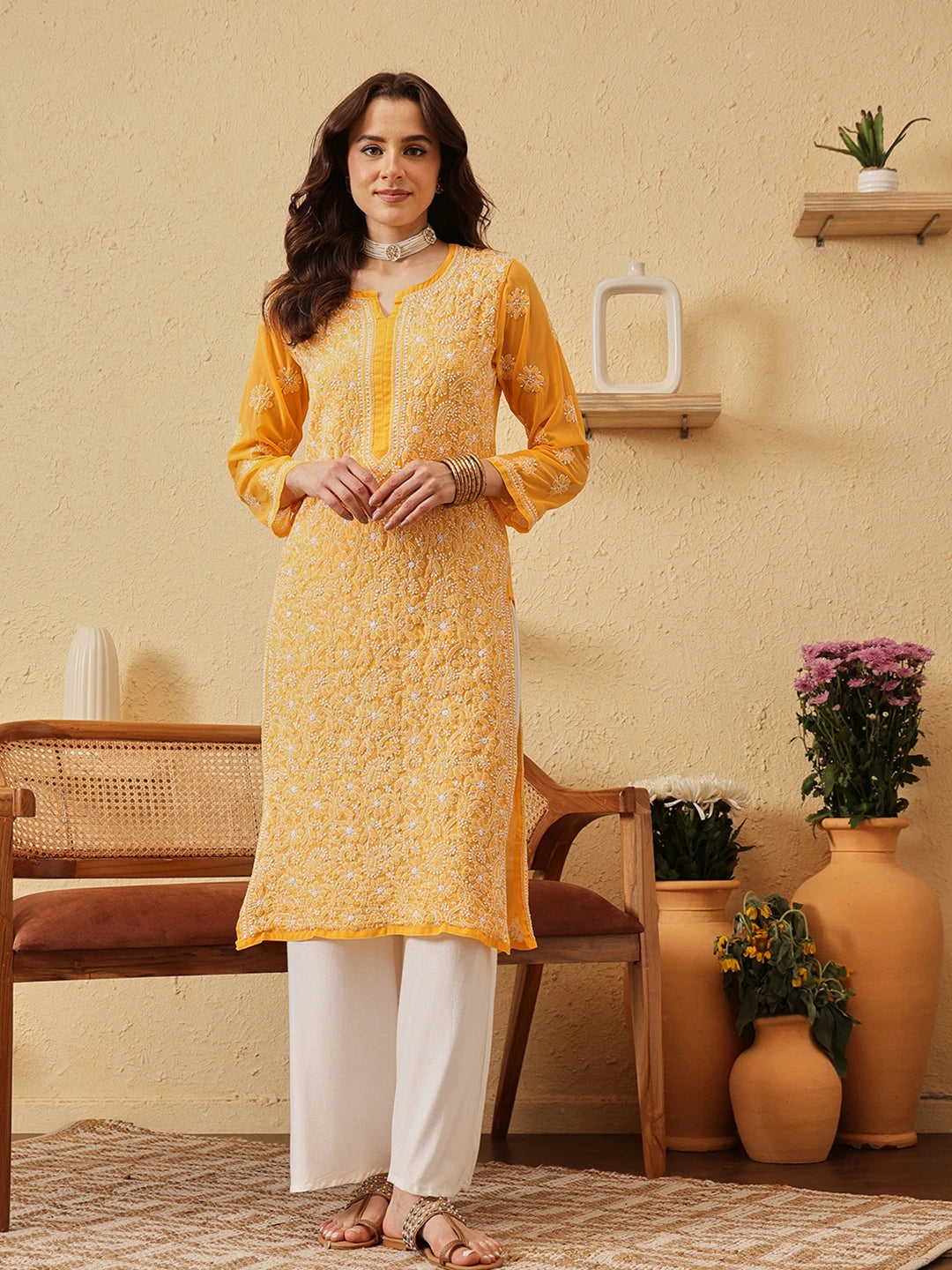 Ada Hand Embroidered Yellow Georgette Lucknowi Chikankari Straight Kurta A100288