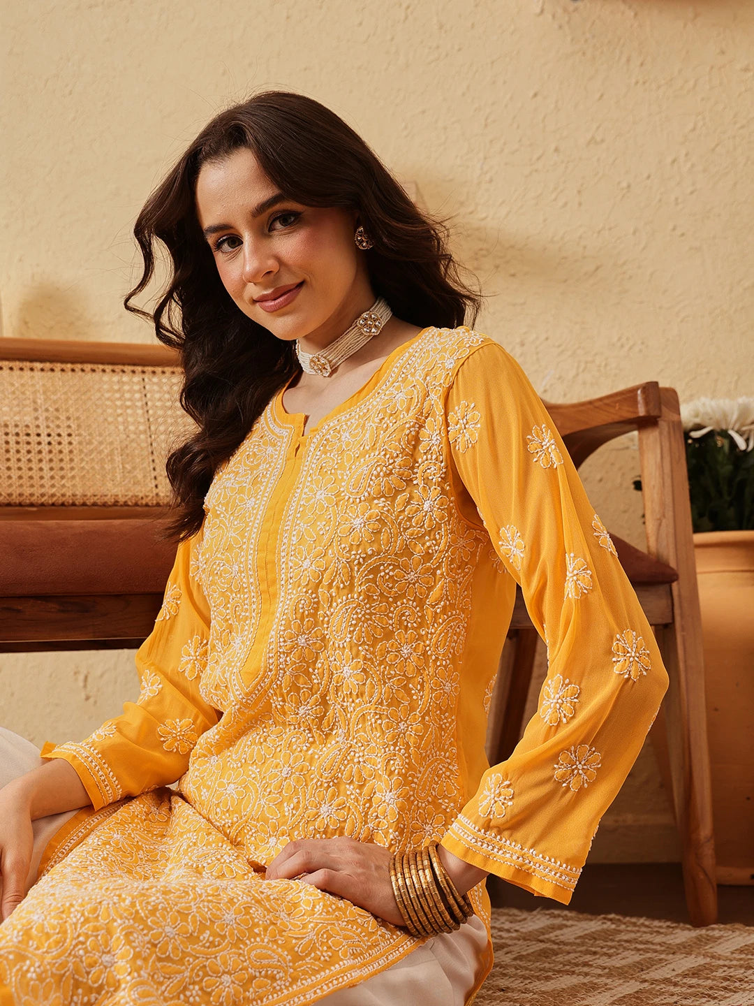 Ada Hand Embroidered Yellow Georgette Lucknowi Chikankari Straight Kurta A100288