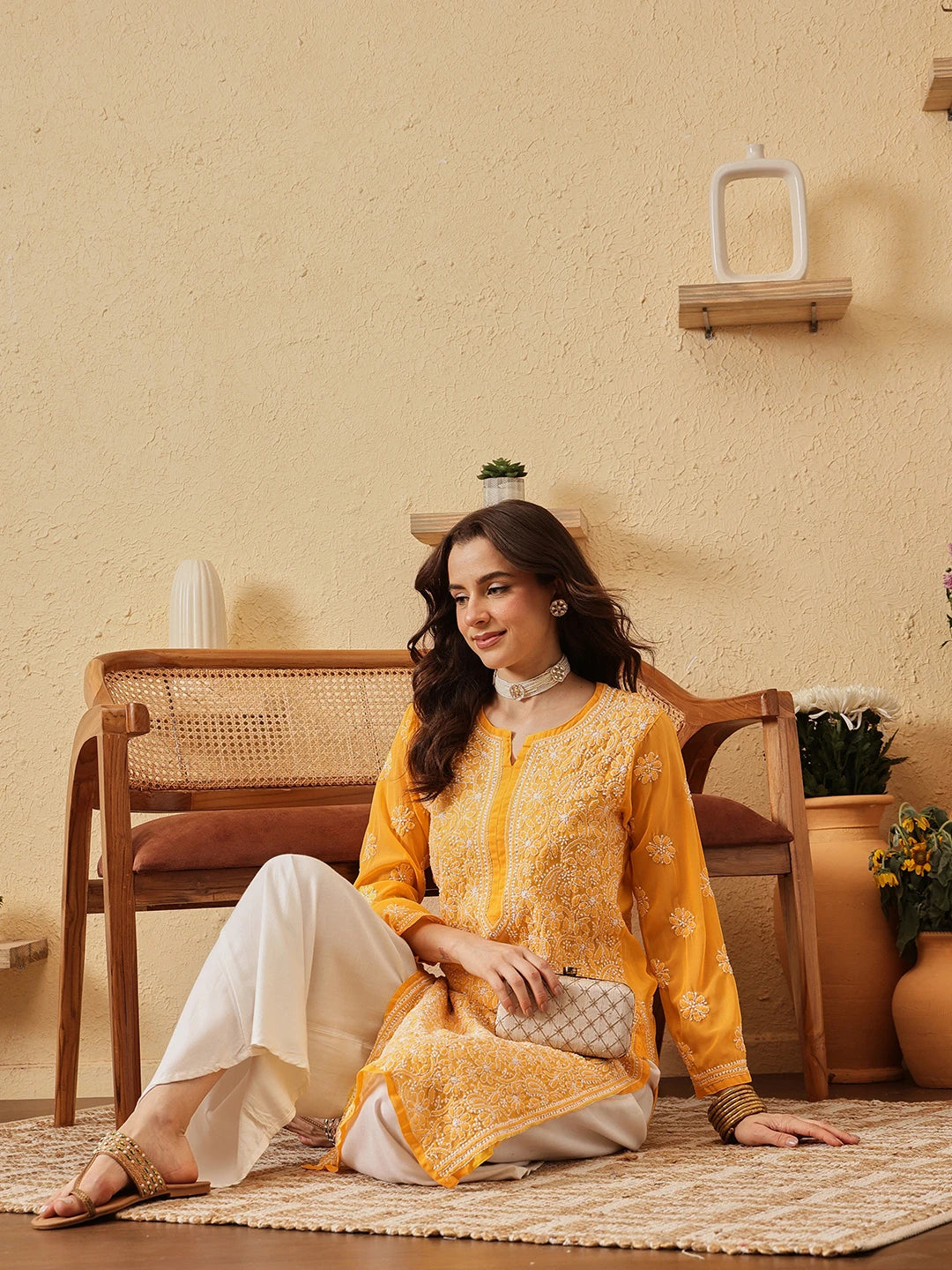 Ada Hand Embroidered Yellow Georgette Lucknowi Chikankari Straight Kurta A100288