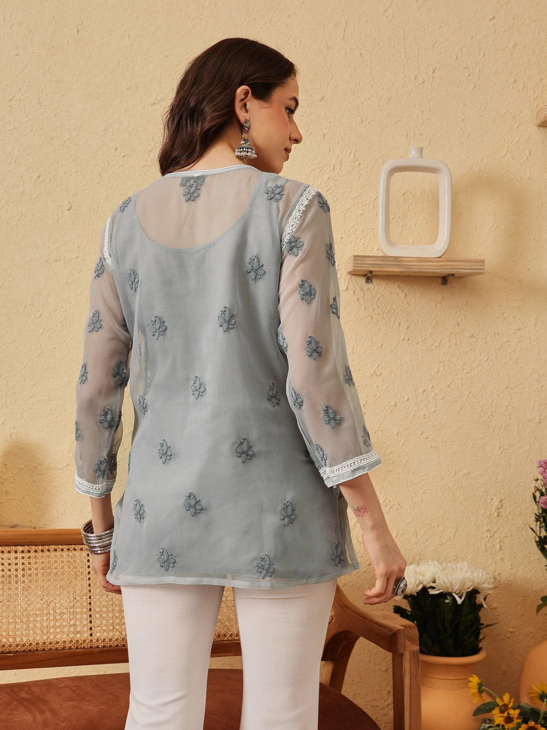 Ada Hand Embroidered Grey Georgette Lucknowi Chikankari Kurti With Slip A911200