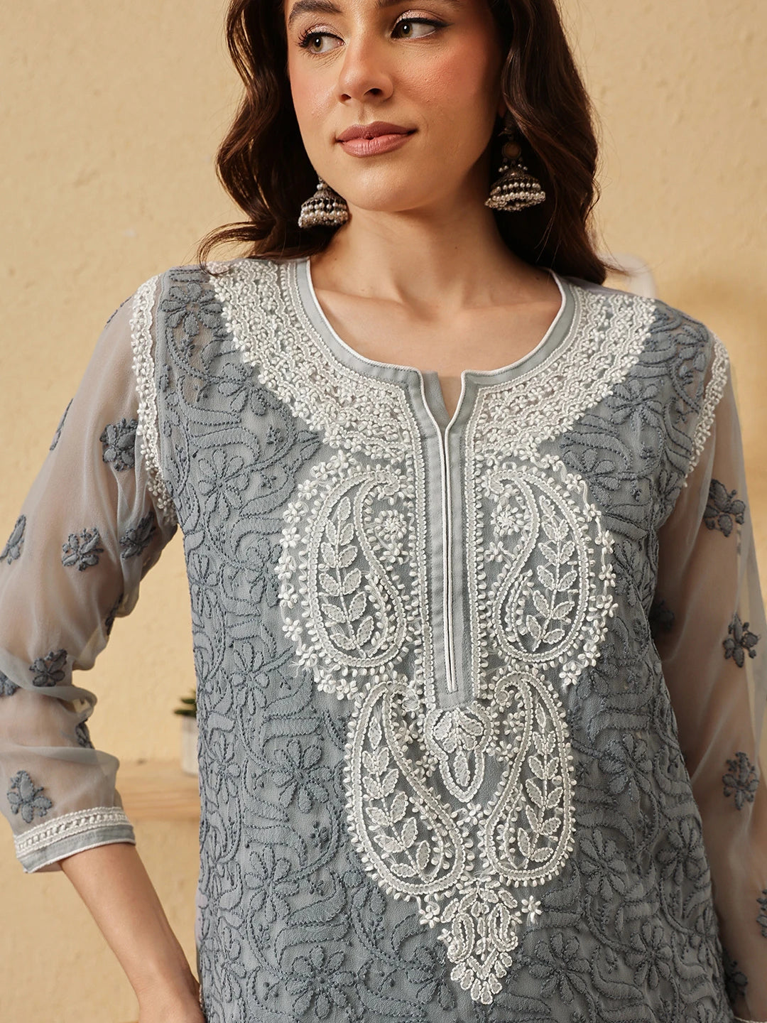 Ada Hand Embroidered Grey Georgette Lucknowi Chikankari Kurti With Slip A911200
