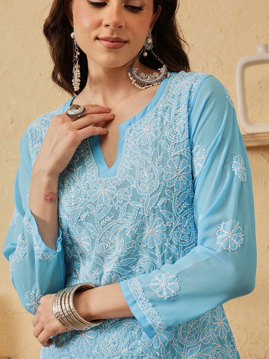 Ada Hand Embroidered Blue Georgette Lucknowi Chikankari Straight Kurti A911229