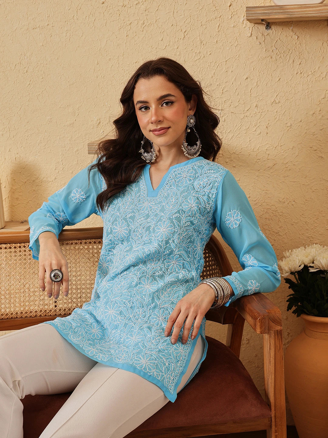 Ada Hand Embroidered Blue Georgette Lucknowi Chikankari Straight Kurti A911229
