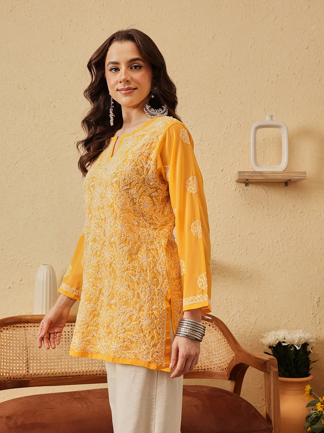 Ada Hand Embroidered Yellow Georgette Lucknowi Chikankari Straight Kurti A911231