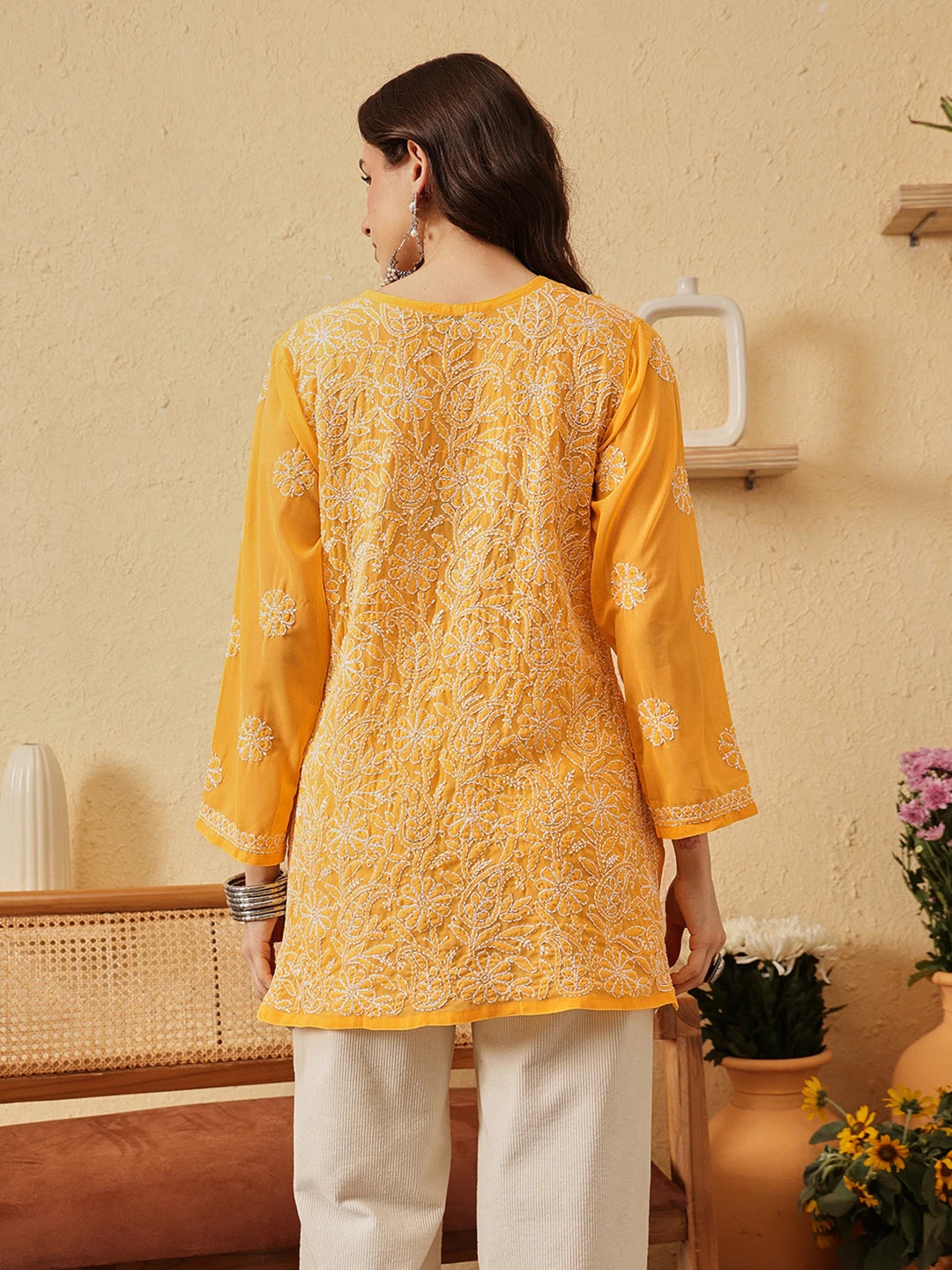 Ada Hand Embroidered Yellow Georgette Lucknowi Chikankari Straight Kurti A911231