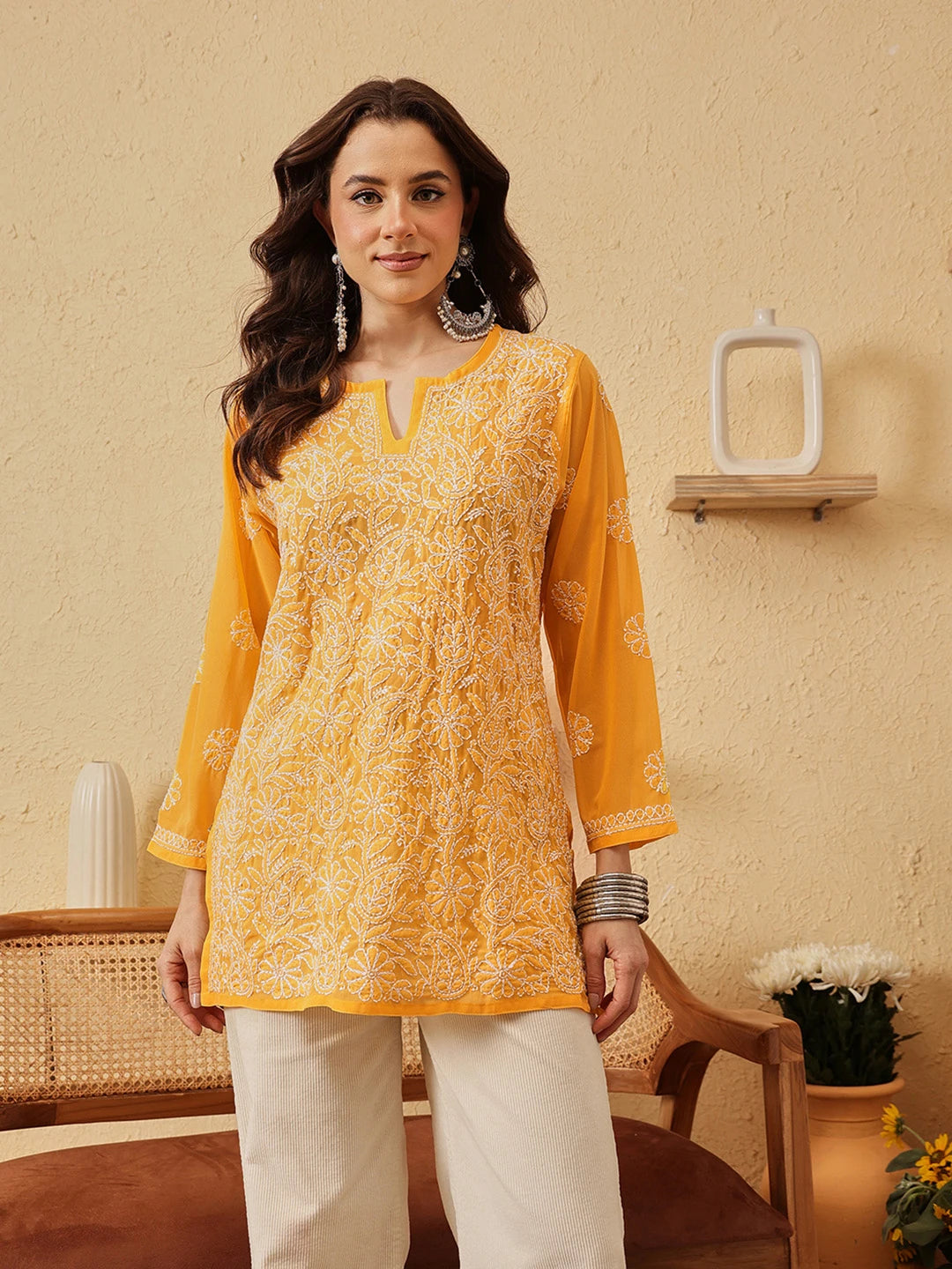 Ada Hand Embroidered Yellow Georgette Lucknowi Chikankari Straight Kurti A911231