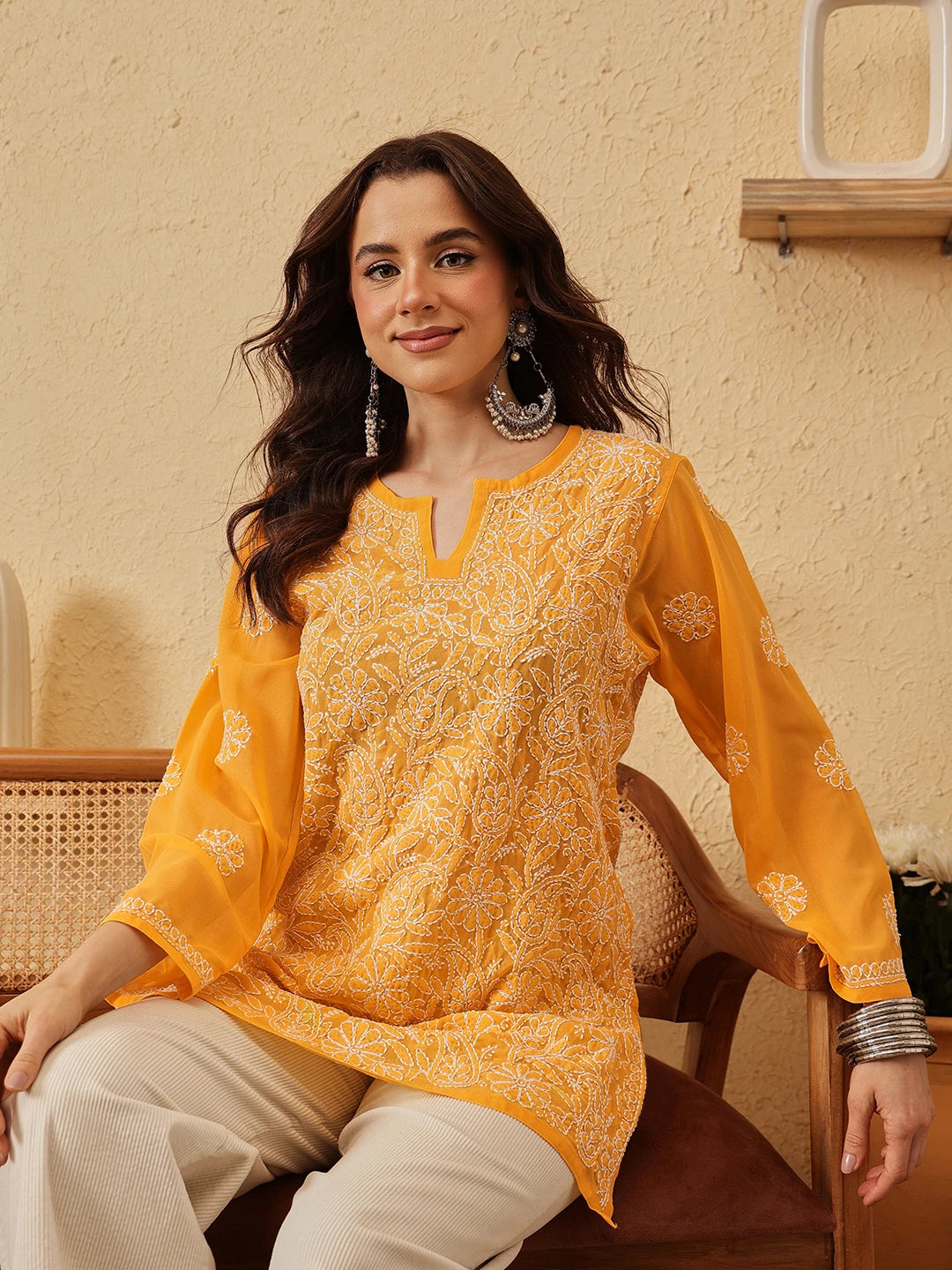 Ada Hand Embroidered Yellow Georgette Lucknowi Chikankari Straight Kurti A911231
