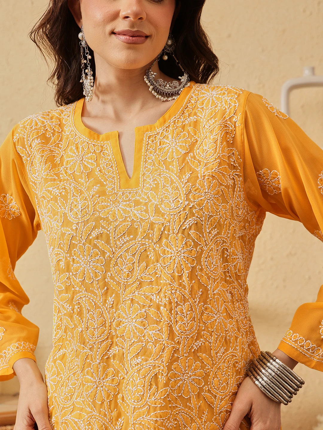 Ada Hand Embroidered Yellow Georgette Lucknowi Chikankari Straight Kurti A911231