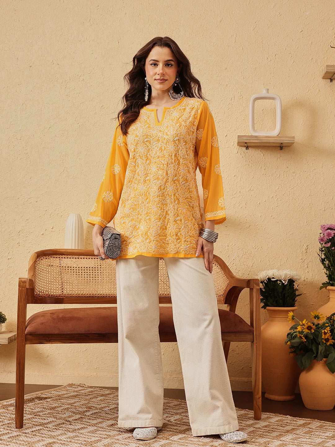 Ada Hand Embroidered Yellow Georgette Lucknowi Chikankari Straight Kurti A911231