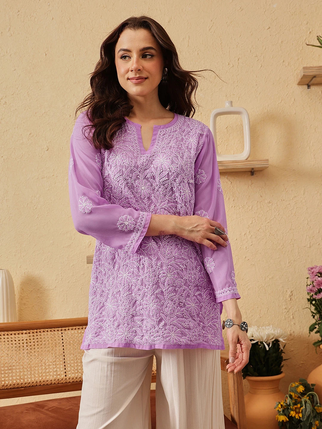 Ada Hand Embroidered Lavender Georgette Lucknowi Chikankari Straight Kurti A911261