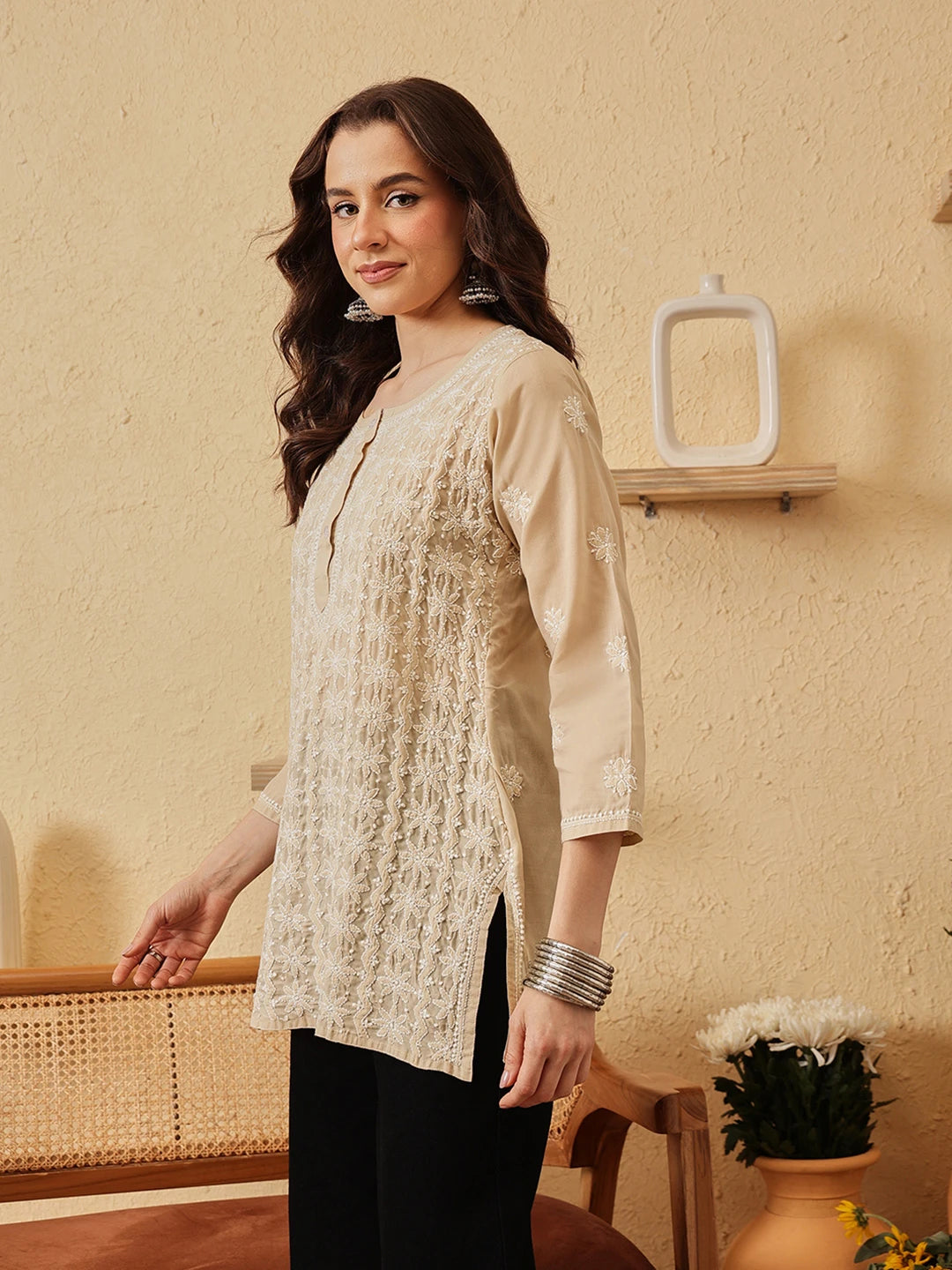 Ada Hand Embroidered Fawn Cotton Lucknowi Chikankari Short Kurti A911520