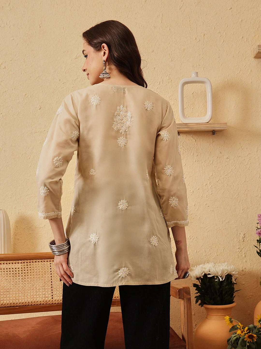 Ada Hand Embroidered Fawn Cotton Lucknowi Chikankari Short Kurti A911520