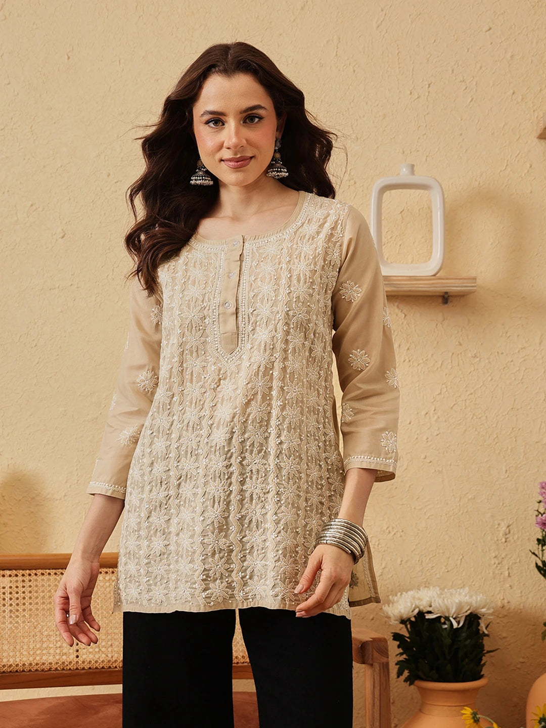 Ada Hand Embroidered Fawn Cotton Lucknowi Chikankari Short Kurti A911520