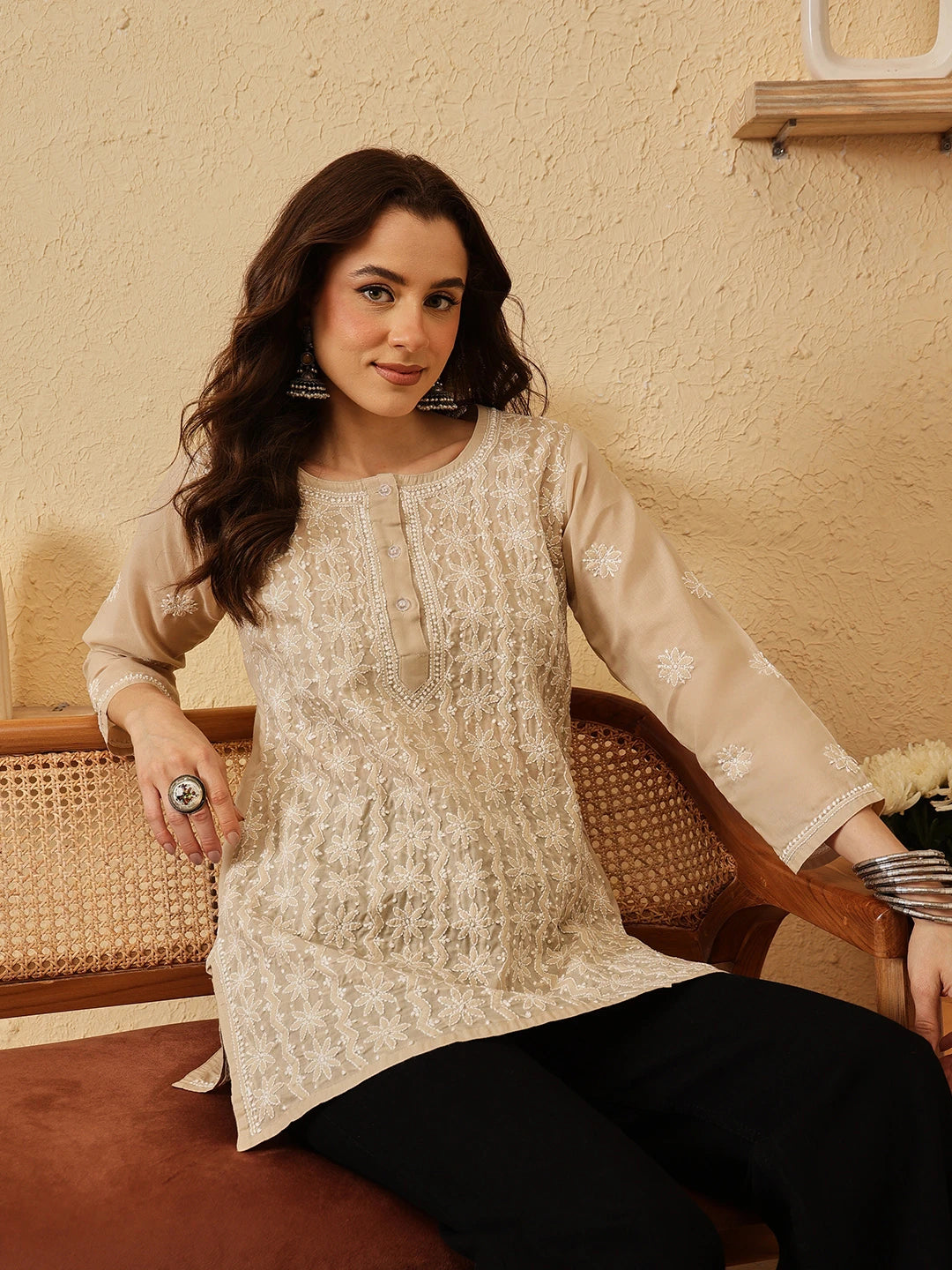 Ada Hand Embroidered Fawn Cotton Lucknowi Chikankari Short Kurti A911520
