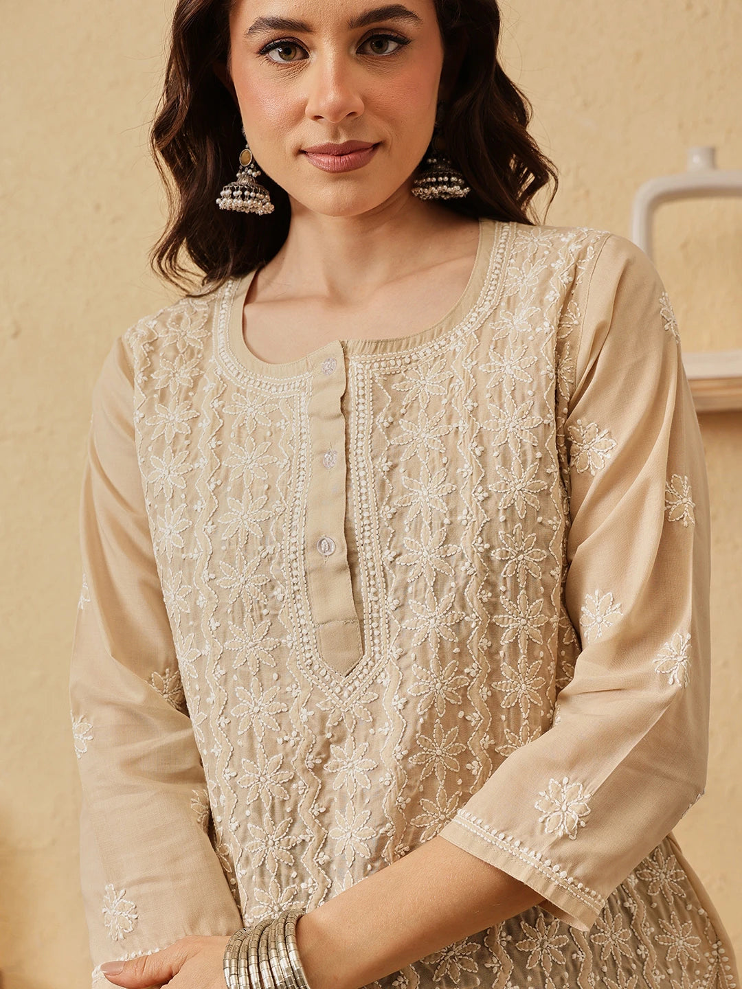 Ada Hand Embroidered Fawn Cotton Lucknowi Chikankari Short Kurti A911520