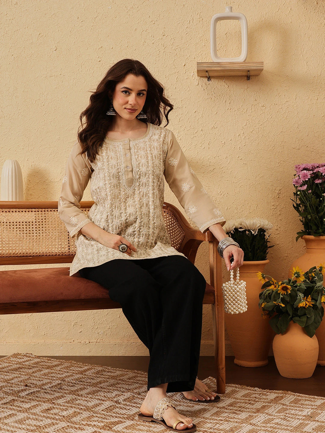 Ada Hand Embroidered Fawn Cotton Lucknowi Chikankari Short Kurti A911520