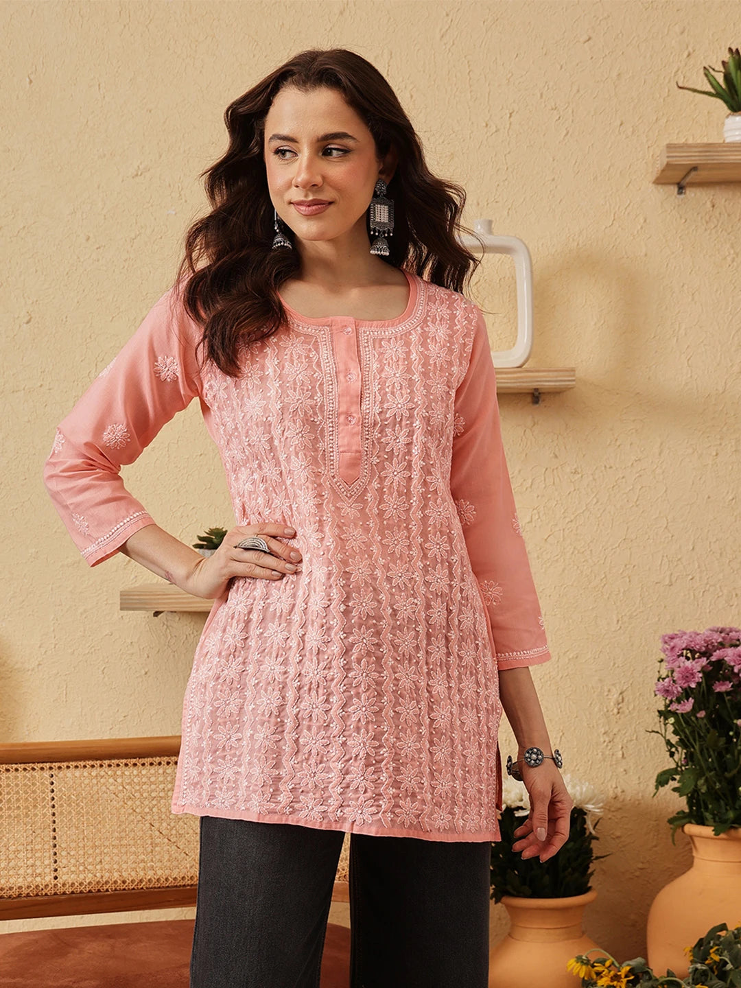 Ada Hand Embroidered Peach Cotton Lucknowi Chikankari Short Kurti A911522