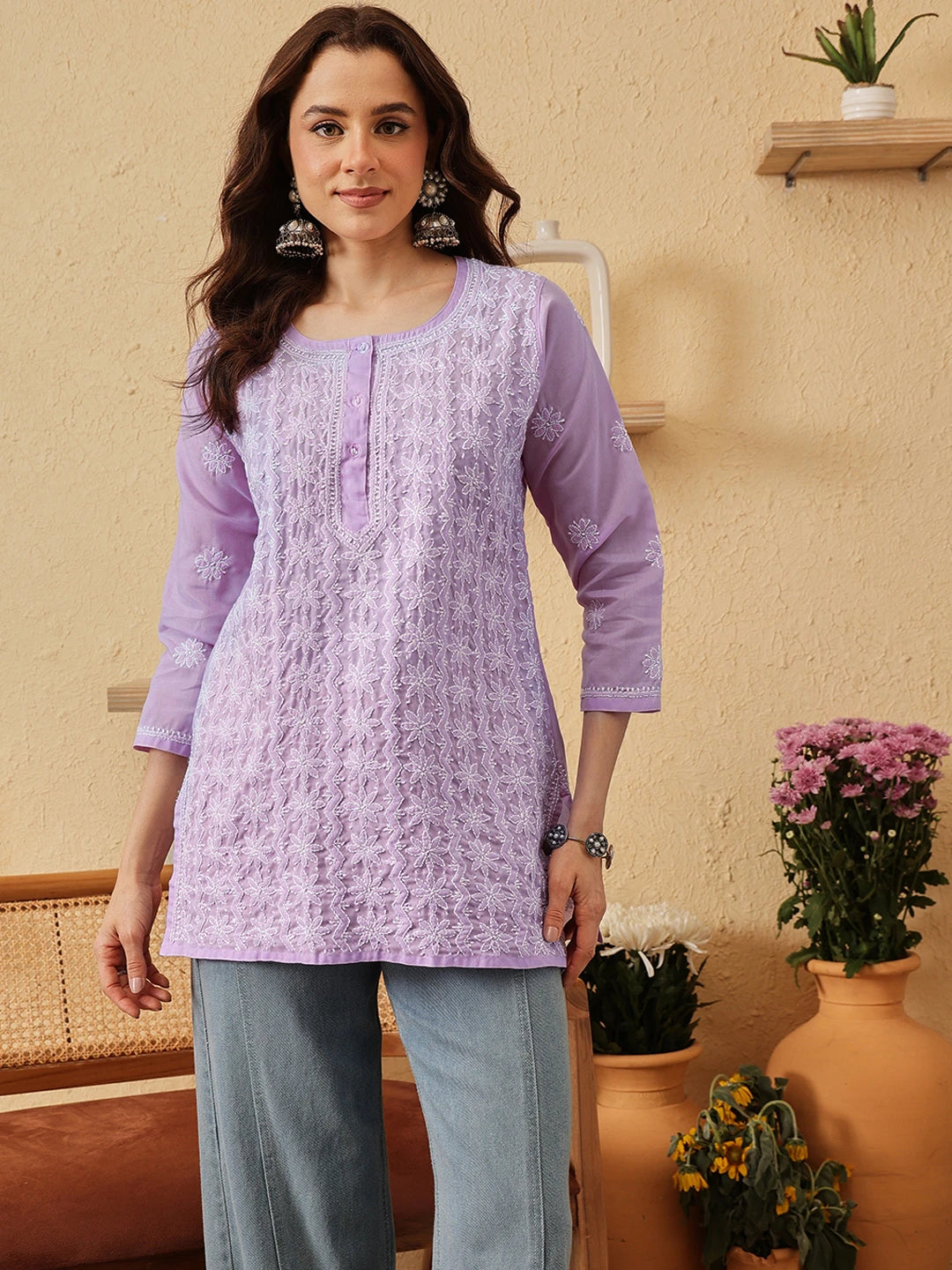 Ada Hand Embroidered Lavender Cotton Lucknowi Chikankari Short Kurti A911523