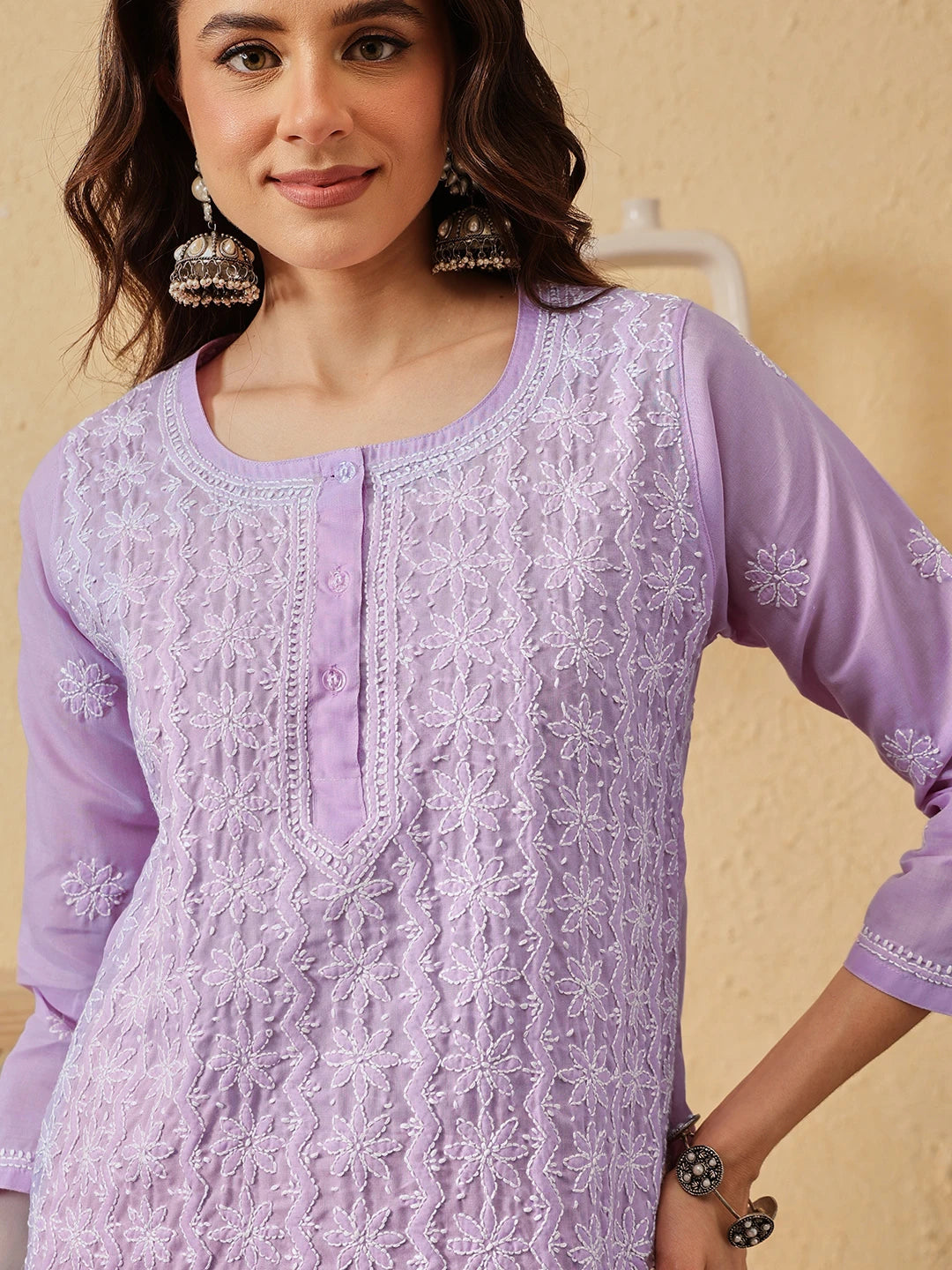 Ada Hand Embroidered Lavender Cotton Lucknowi Chikankari Short Kurti A911523