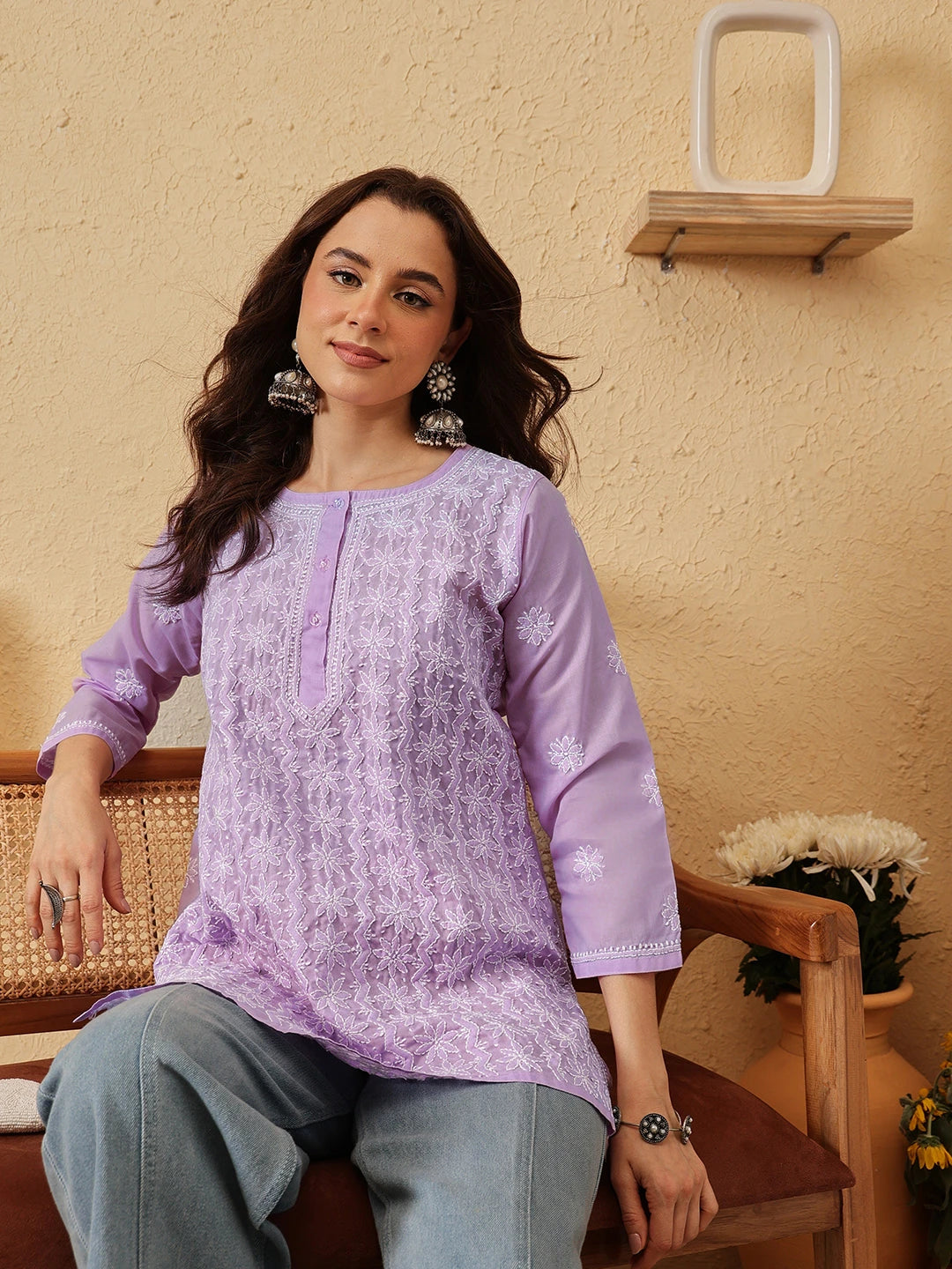 Ada Hand Embroidered Lavender Cotton Lucknowi Chikankari Short Kurti A911523