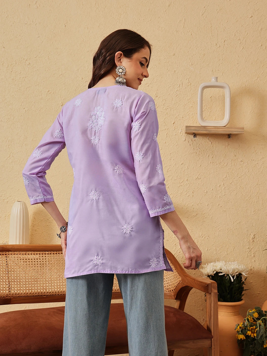 Ada Hand Embroidered Lavender Cotton Lucknowi Chikankari Short Kurti A911523