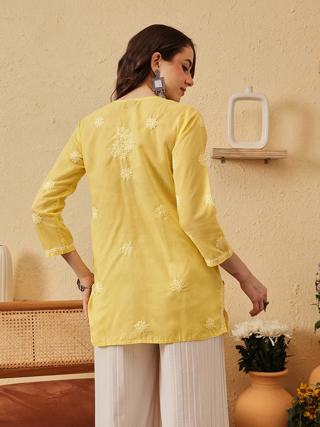 Ada Hand Embroidered Yellow Cotton Lucknowi Chikankari Short Kurti A911525