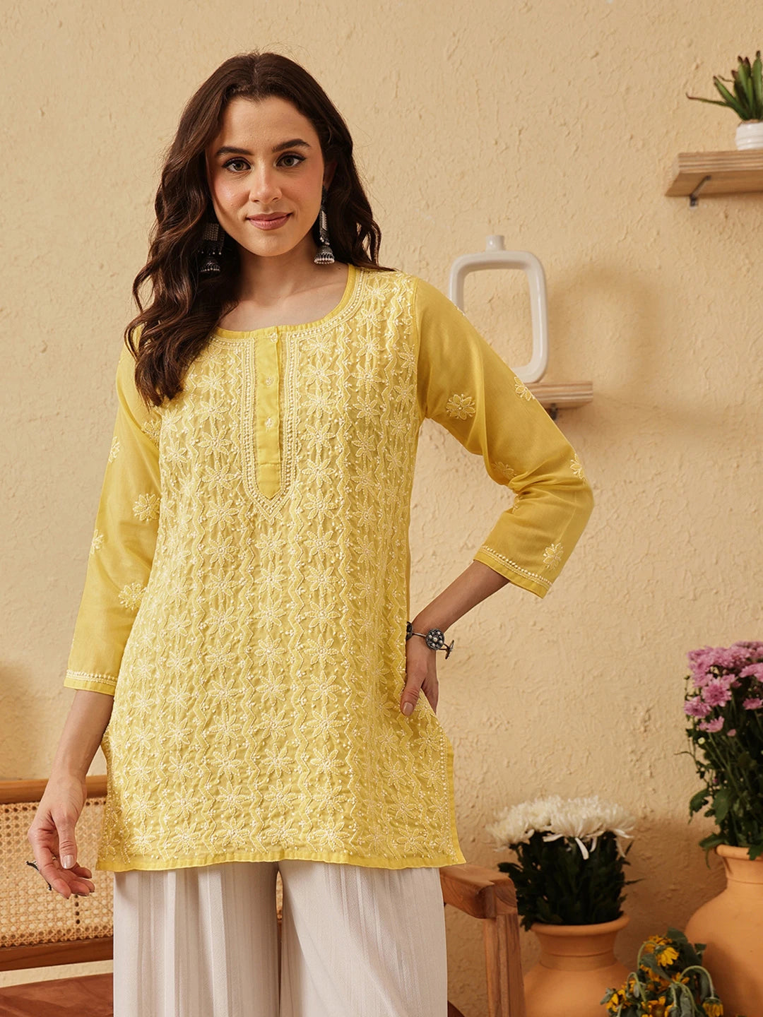 Ada Hand Embroidered Yellow Cotton Lucknowi Chikankari Short Kurti A911525