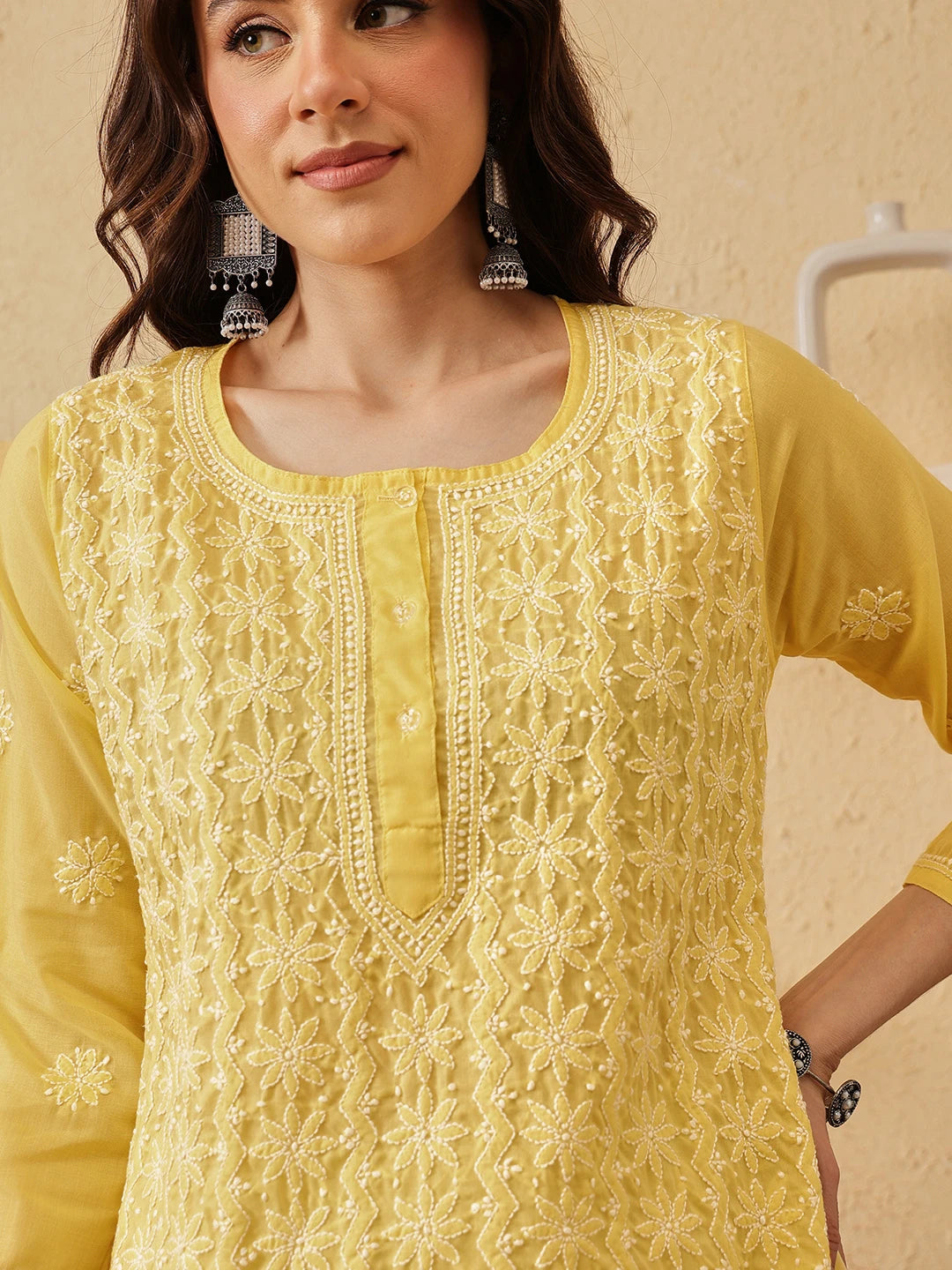 Ada Hand Embroidered Yellow Cotton Lucknowi Chikankari Short Kurti A911525