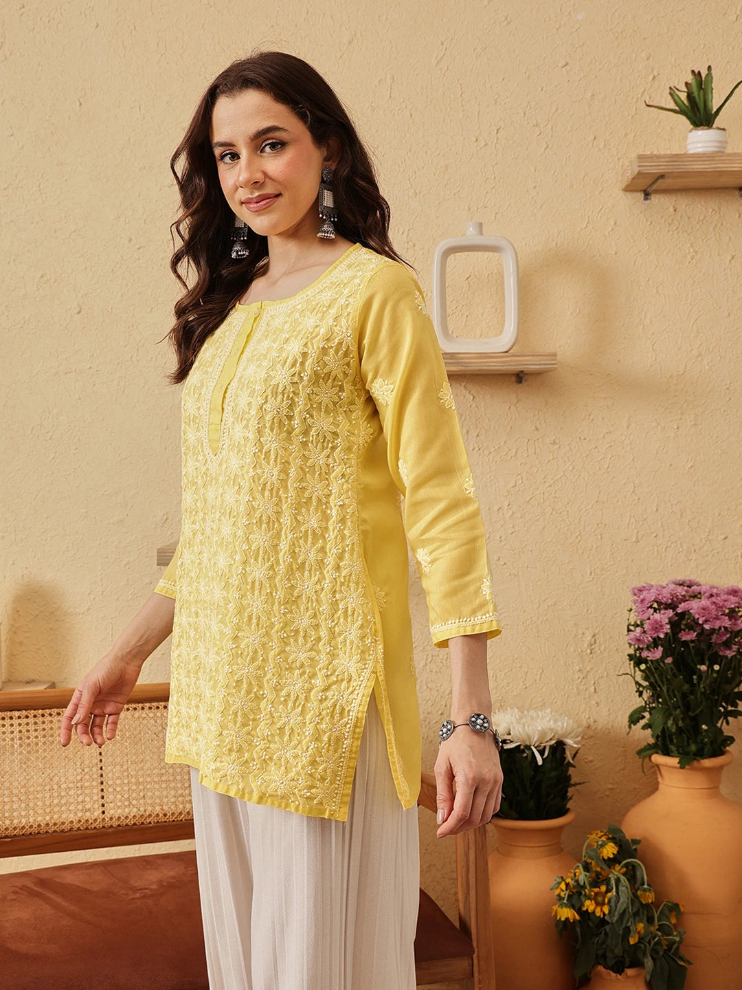 Ada Hand Embroidered Yellow Cotton Lucknowi Chikankari Short Kurti A911525