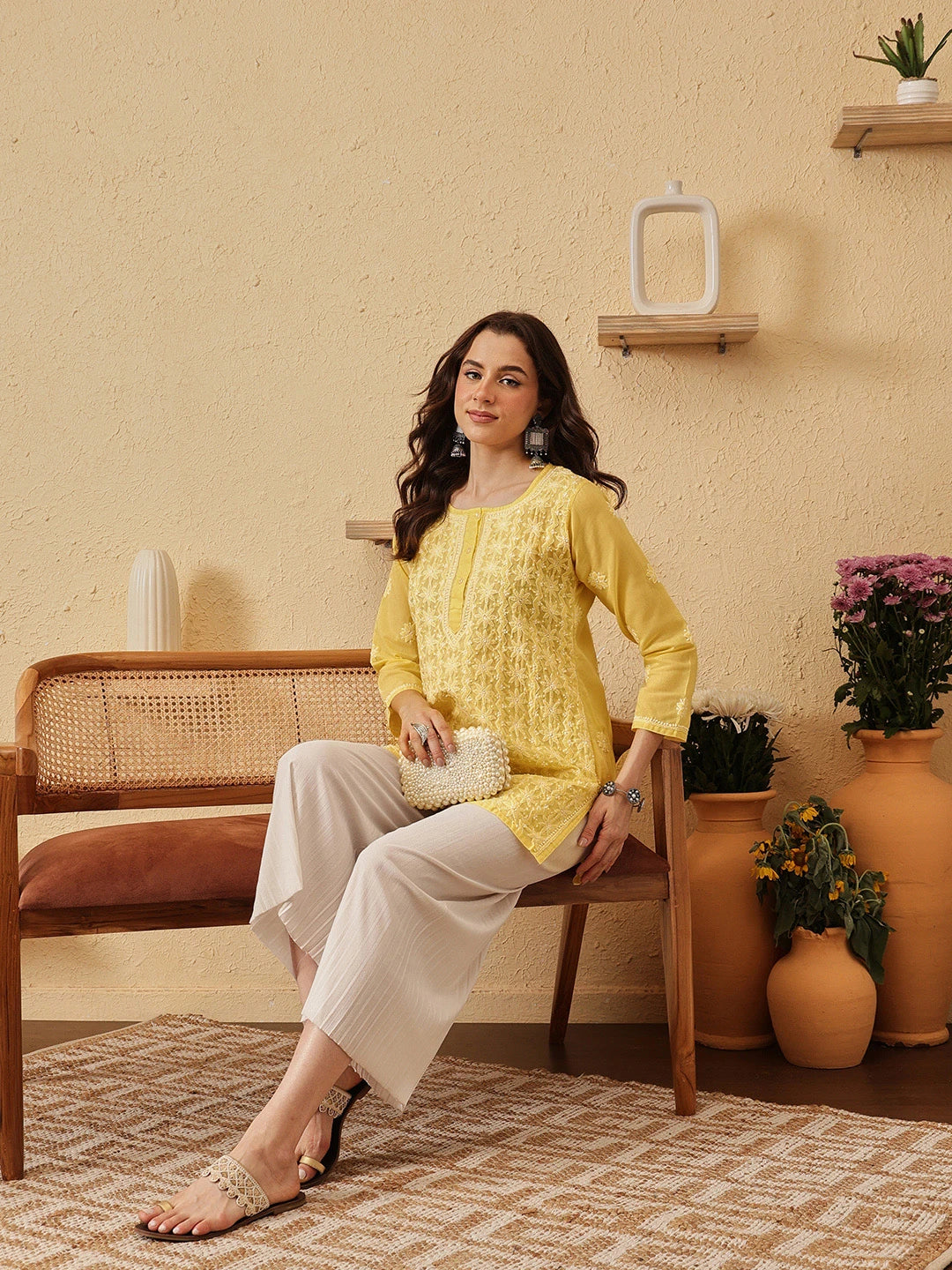 Ada Hand Embroidered Yellow Cotton Lucknowi Chikankari Short Kurti A911525