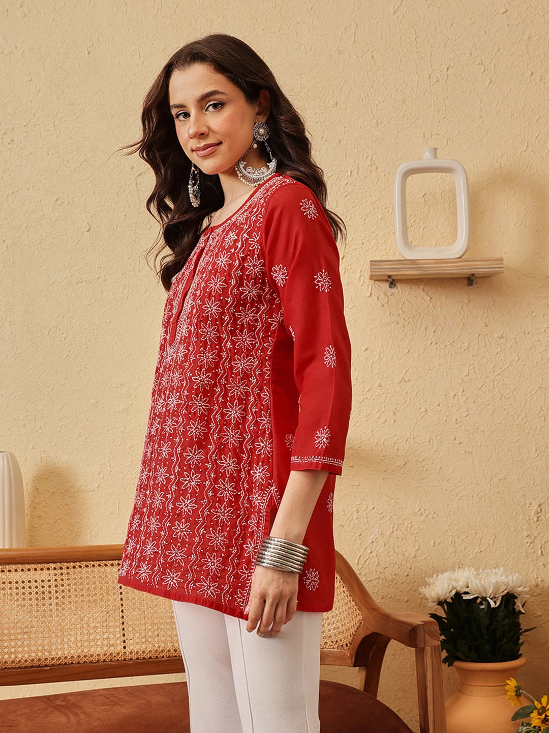 Ada Hand Embroidered Red Cotton Lucknowi Chikankari Short Kurti A911526