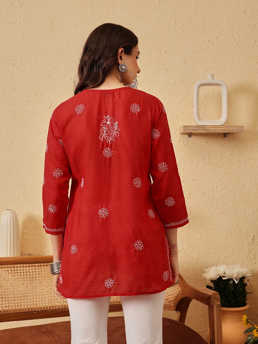 Ada Hand Embroidered Red Cotton Lucknowi Chikankari Short Kurti A911526