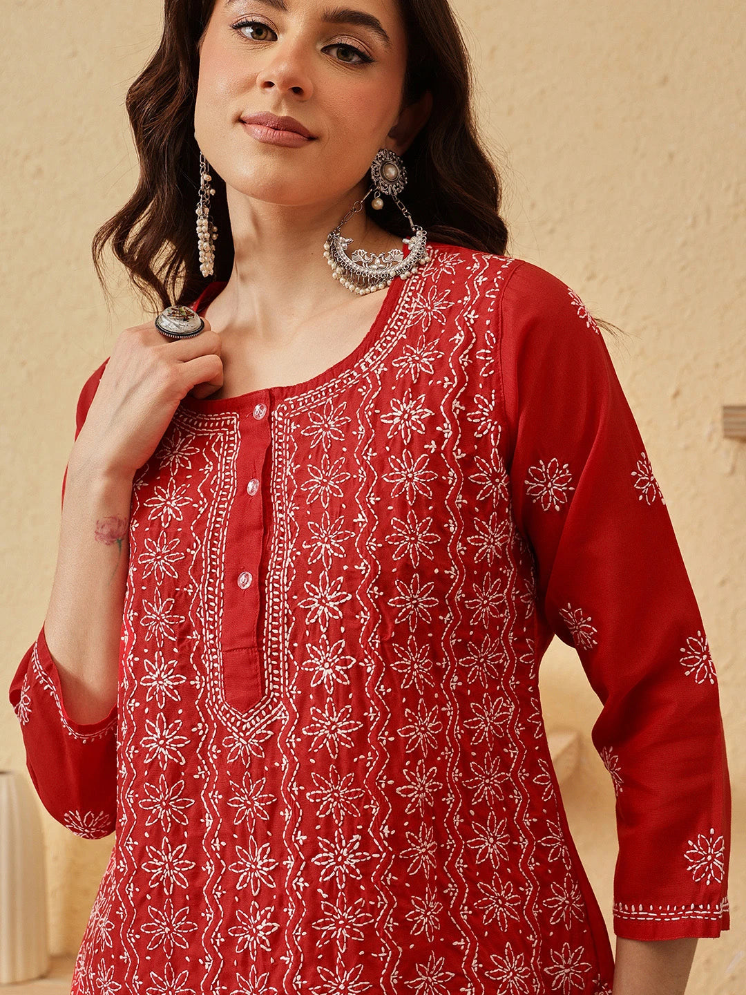 Ada Hand Embroidered Red Cotton Lucknowi Chikankari Short Kurti A911526