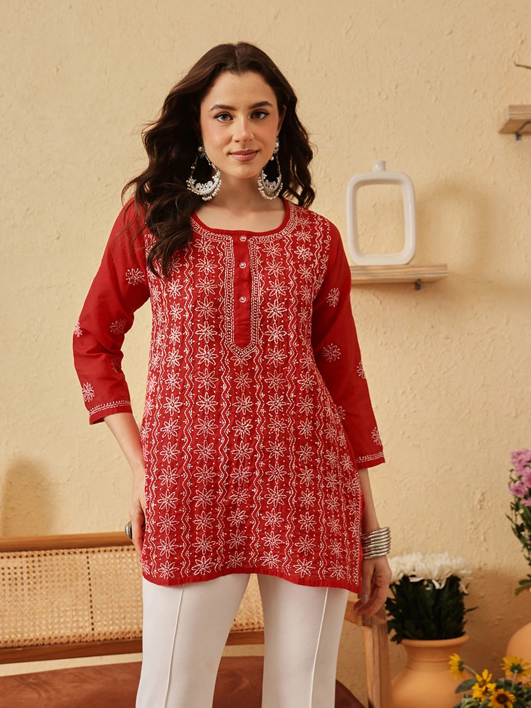 Ada Hand Embroidered Red Cotton Lucknowi Chikankari Short Kurti A911526