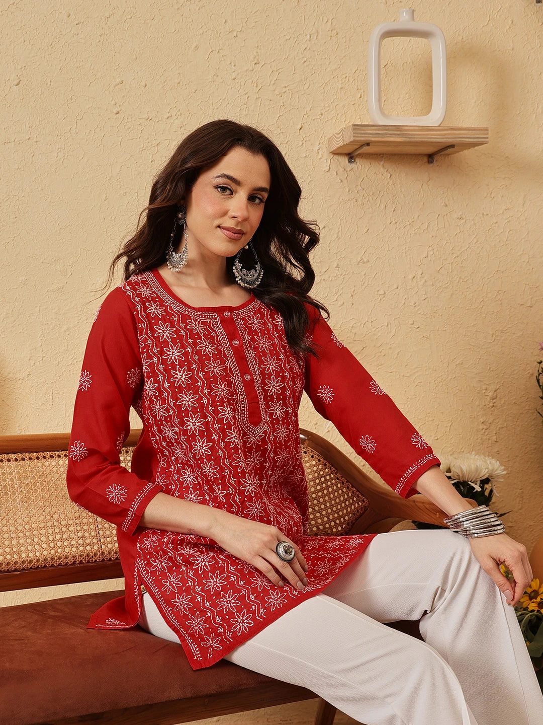 Ada Hand Embroidered Red Cotton Lucknowi Chikankari Short Kurti A911526