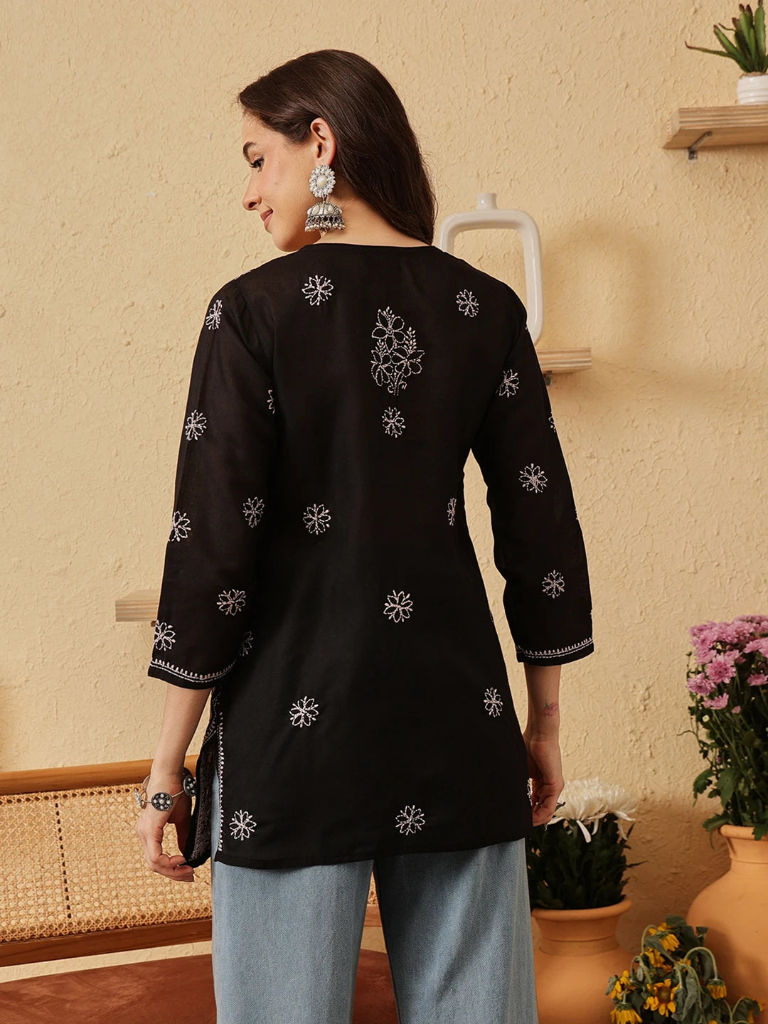 Ada Hand Embroidered Black Cotton Lucknowi Chikankari Short Kurti A911528
