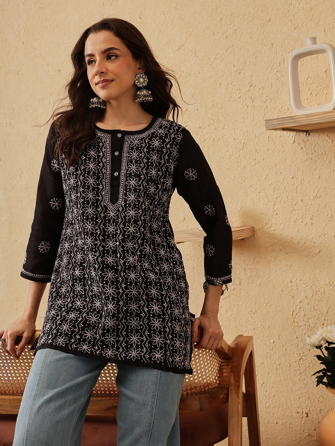 Ada Hand Embroidered Black Cotton Lucknowi Chikankari Short Kurti A911528