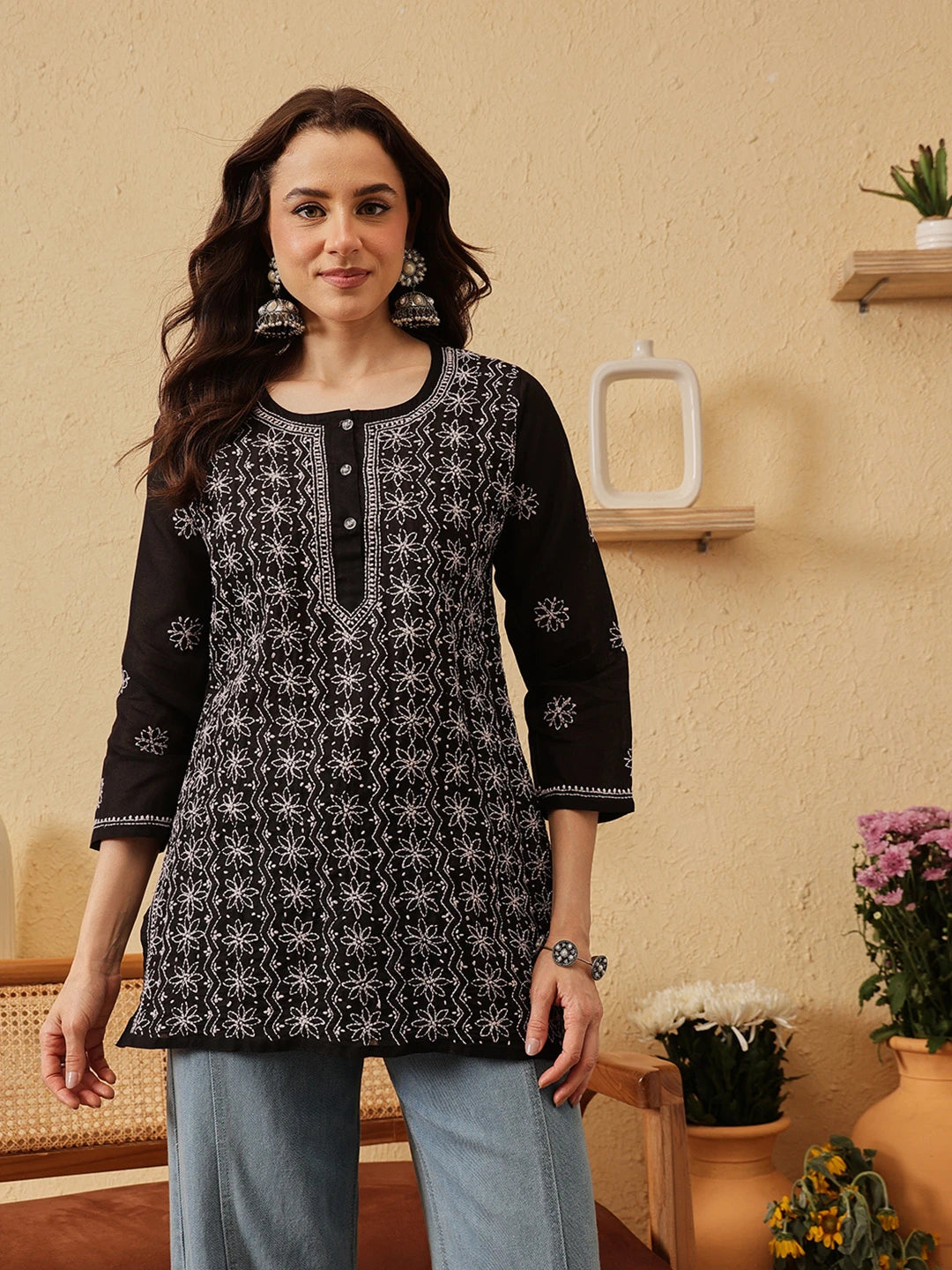 Ada Hand Embroidered Black Cotton Lucknowi Chikankari Short Kurti A911528