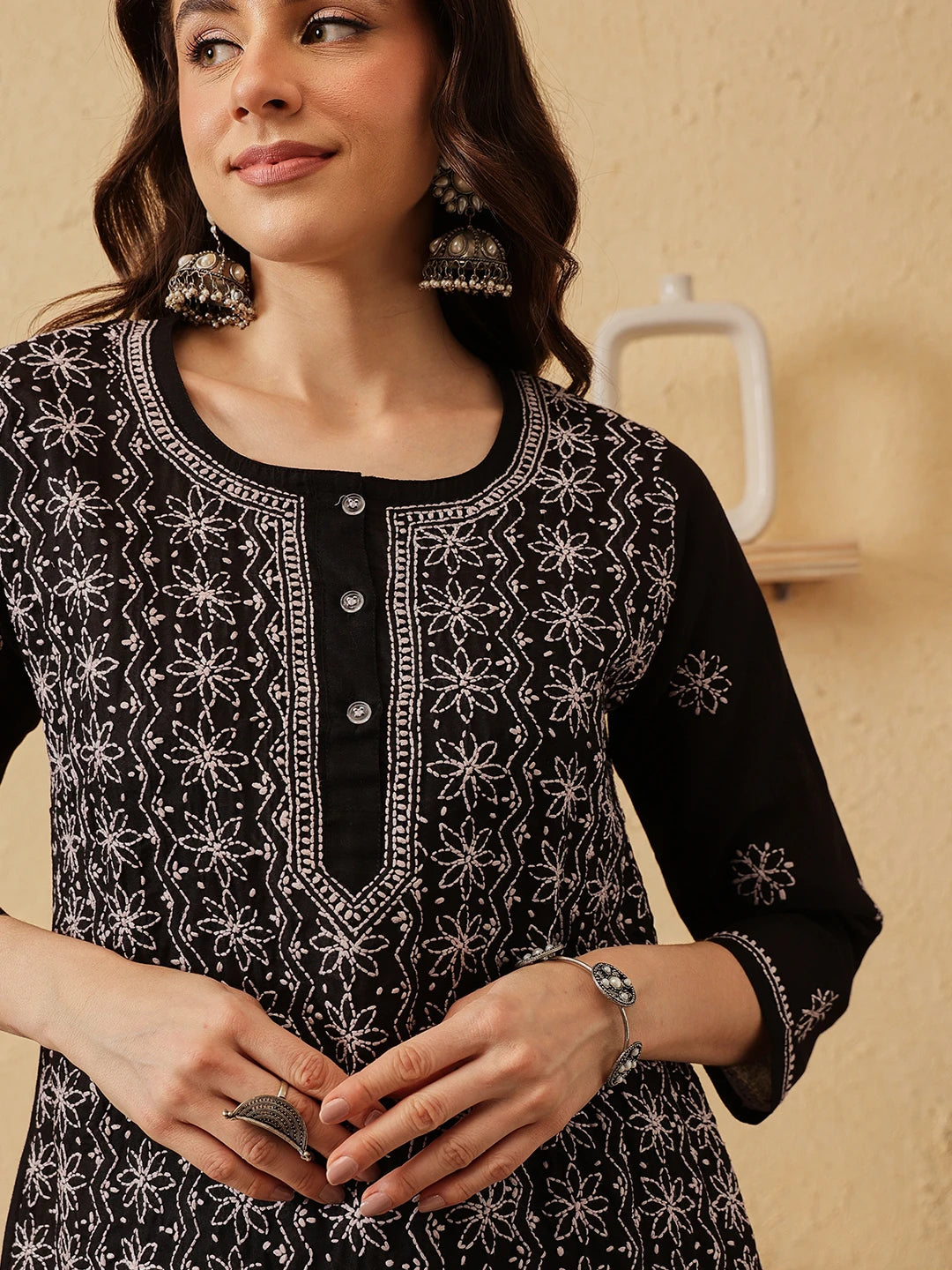 Ada Hand Embroidered Black Cotton Lucknowi Chikankari Short Kurti A911528